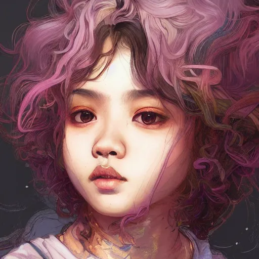 Image similar to portrait of a cute Thai girl with a messy curly hair, pastel hair, streetwear fashion, highly detailed, digital painting, artstation, concept art, sharp focus, illustration, art by artgerm and greg rutkowski and alphonse mucha