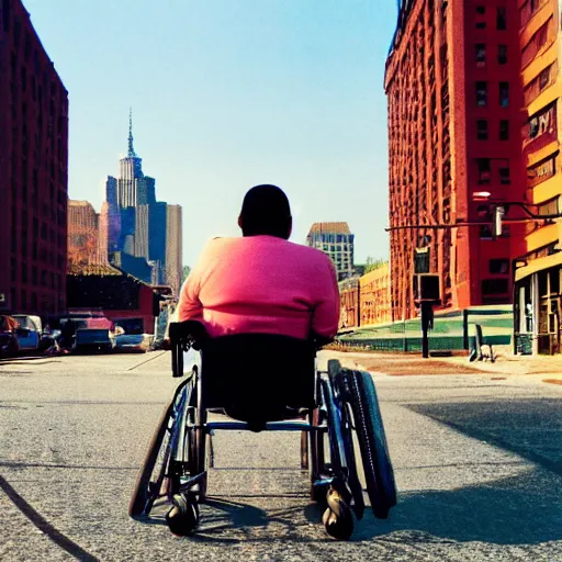 Image similar to The world seen by someone in a wheelchair who has myopia in 1965 in Brooklyn with early morning light