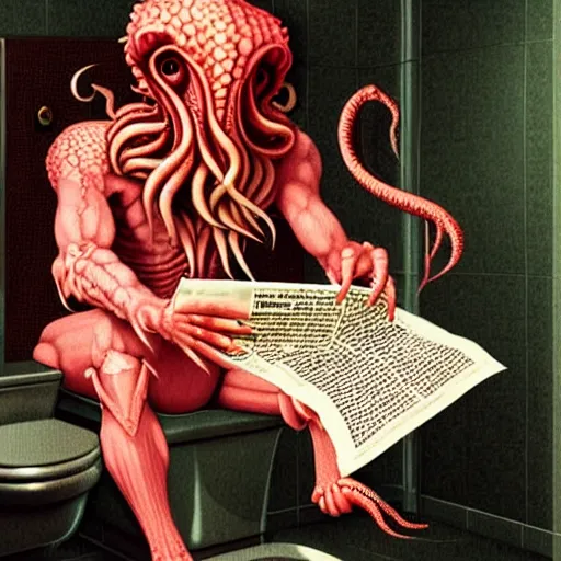 Prompt: humanoid cthulhu vis sitting on a toilet, he is reading a newspaper. the location is a pink and girlish bathroom. The mood is friendly and welcoming. highly detailed, digital painting, artstation, concept art, sharp focus, illustration, art by Sandro Botticelli and Michelangelo and leonardo da vinci