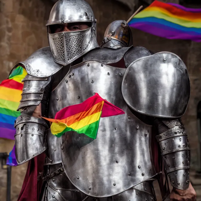 Image similar to High quality photograph from a middle aged Latin man with short hair, with facial hear, wear a medieval knight armor with open helmet, stands inside a queer pride rainbow bar UHD 8K