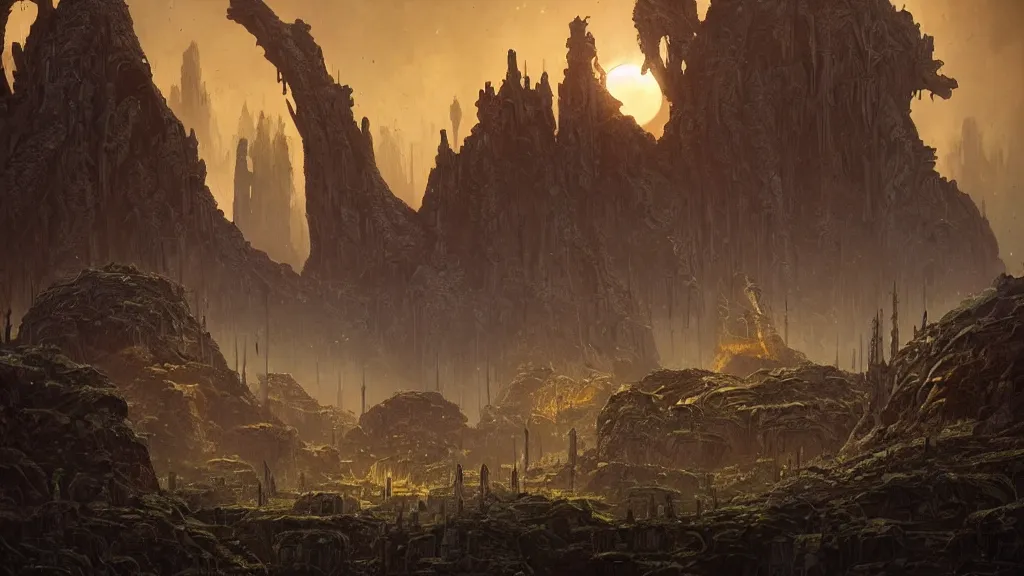 Image similar to eerie atmospheric alien planet with biomechanical plants and the ruins of civilization by les edwards and vincent di fate and anato finnstark, epic cinematic matte painting