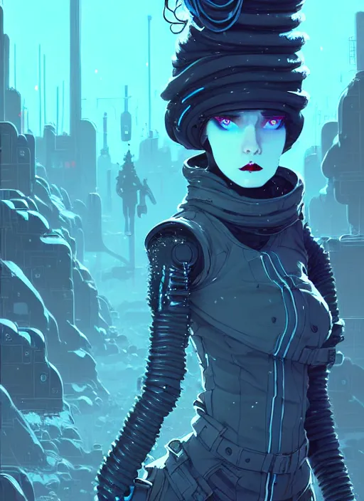 Image similar to highly detailed portrait of wasteland punk long curly white icey shard hair cyber ninja lady, stray wiring by atey ghailan, james gilleard, by joe fenton, by greg rutkowski, by greg tocchini, by kaethe butcher, 4 k resolution, gradient blue, cyan, black and white color scheme!!! ( ( snowy glaciated robotic dystopian city background ) )