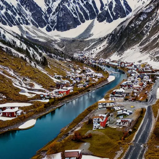 Prompt: beautiful small city in a chilly tundra nestled among mountains and rivers, aerial photography