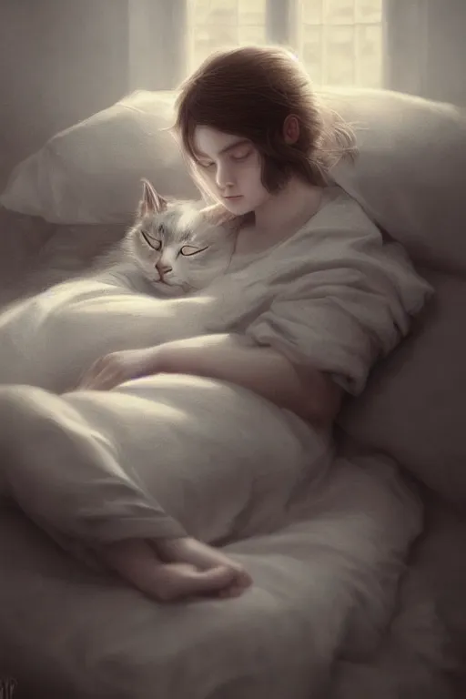 Prompt: young girl protagonist sleeping with a cat , accurate details, detailed full body, dramatic, intricate, elegant, highly detailed, digital painting, artstation, concept art, sharp focus, illustration, art by Gustave Dore, octane render