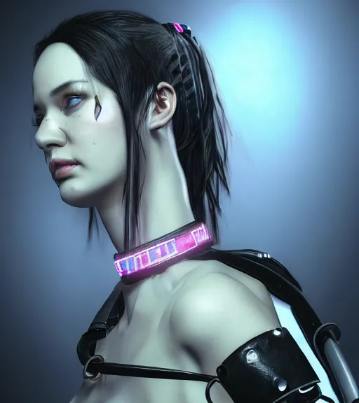 Image similar to detailed realistic female character cyberpunk wearing thick steel collar around neck, realistic, art, beautiful, 4K, collar, choker, collar around neck, punk, artstation, detailed, female, woman, choker, cyberpunk, neon, punk, collar, choker, collar around neck, thick collar, tight around neck, punk,