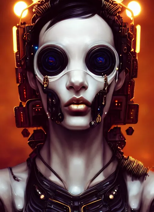 Image similar to soft lustrous ebony ivory biotech raver gutter punk gothic cyborg, golden ratio, details, scifi, fantasy, cyberpunk, intricate, decadent, highly detailed, digital painting, octane render, artstation, concept art, smooth, sharp focus, illustration, art by artgerm, loish, wlop