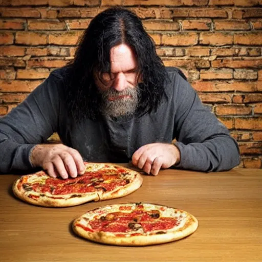 Image similar to a grumpy danish man with long black hair eating pizza while DMing an AD&D game, D&D, rogue, dark hair, skinny, middle aged, D&D dice on table, papers on table, character sheets on table, natural lighting, black hair, dark hair