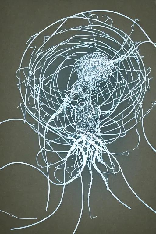 Image similar to a hypnotic jellyfish with tentacles made out of razor wire swimming underwater