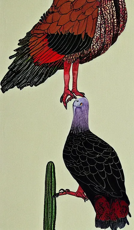 Prompt: turkey vulture on cactus by Shen Quan , hanging scroll, ink and colours on silk