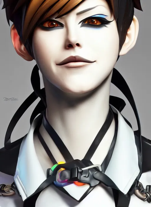 Image similar to portrait bust digital artwork of tracer overwatch, wearing black iridescent rainbow latex, 4 k, expressive happy smug expression, makeup, in style of mark arian, angel wings, wearing detailed black leather collar, chains, black leather harness, detailed face and eyes,