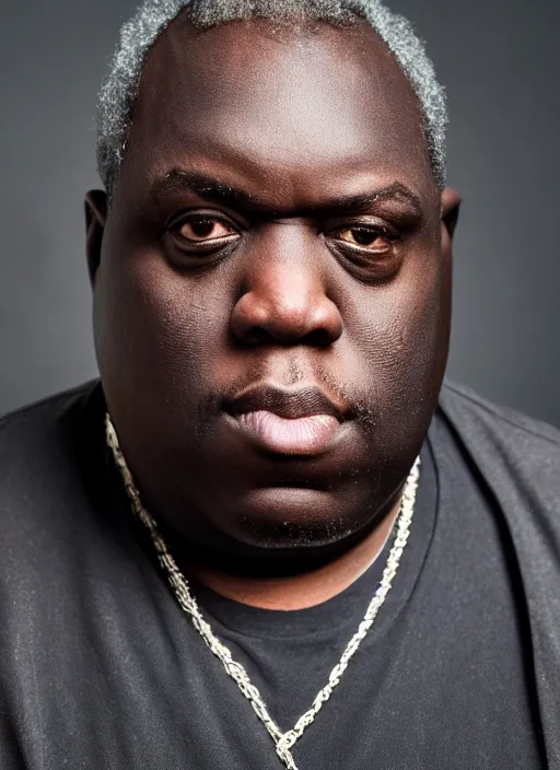 Image similar to DSLR photo portrait still of 50 year old age 50 Notorious BIG at age 50!!!, 85mm f1.8