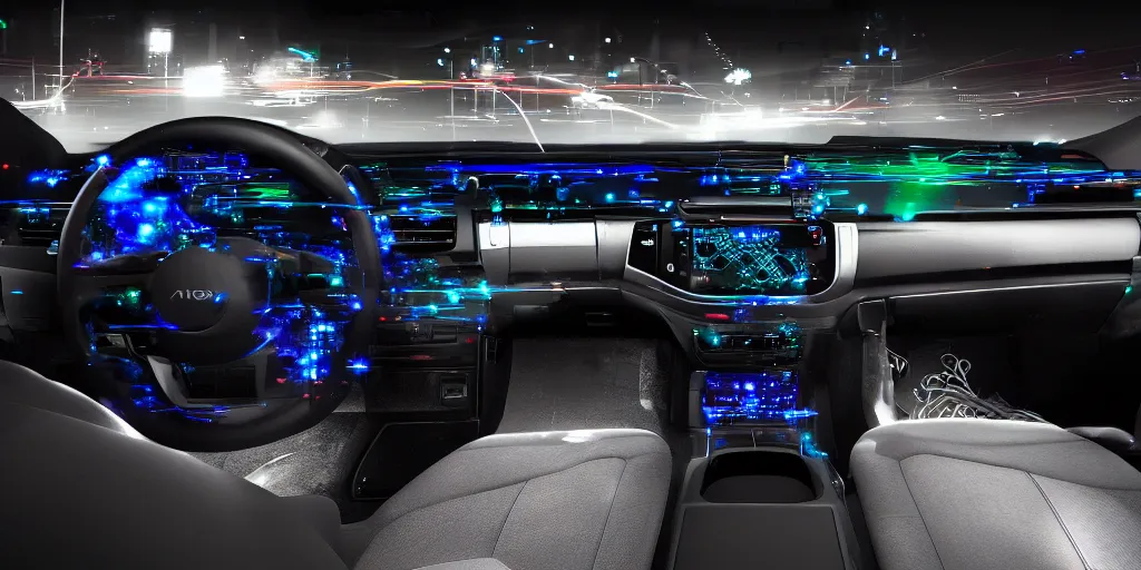 Prompt: the dashboard of a car at night, RGB LED lights, screens, detailed, render