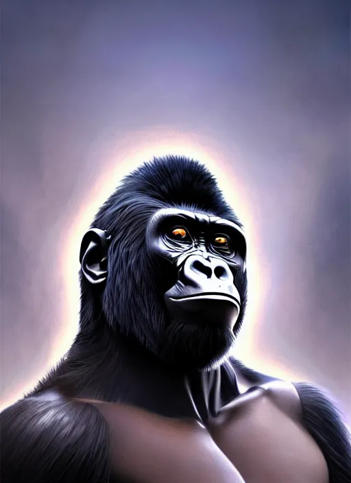 Prompt: frightening gorillas warrior portrait, weapons in hand, art by artgerm, wlop, loish, ilya kuvshinov, tony sandoval. 8 k realistic, hyperdetailed, beautiful lighting, detailed background, depth of field, symmetrical face