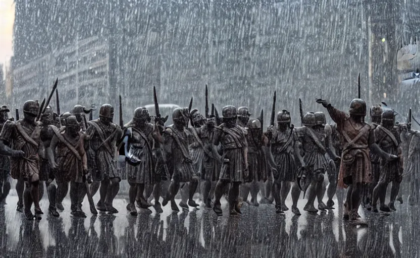 Image similar to column of Roman soldiers marching under pouring rain. Year 45 BC. dusk. bad weather. 8K. detailed. photorealism. artstation. 25mm f/1.7 ASPH Lens. ultra realistic