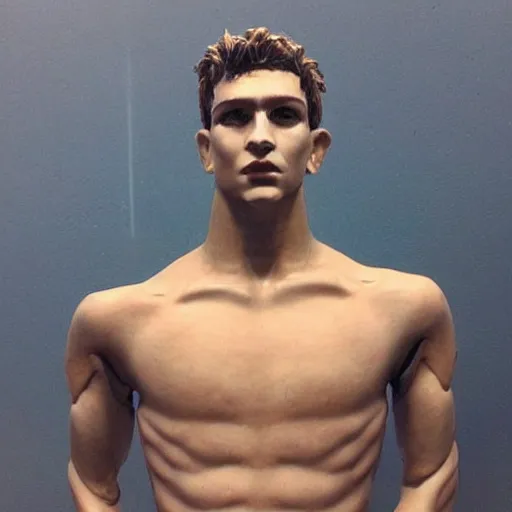 Prompt: “a realistic detailed photo of a guy who is an attractive humanoid who is half robot and half humanoid, who is a male android, American freestyle and folkstyle wrestler Daton Fix, shiny skin, posing like a statue, blank stare, at college, on display”