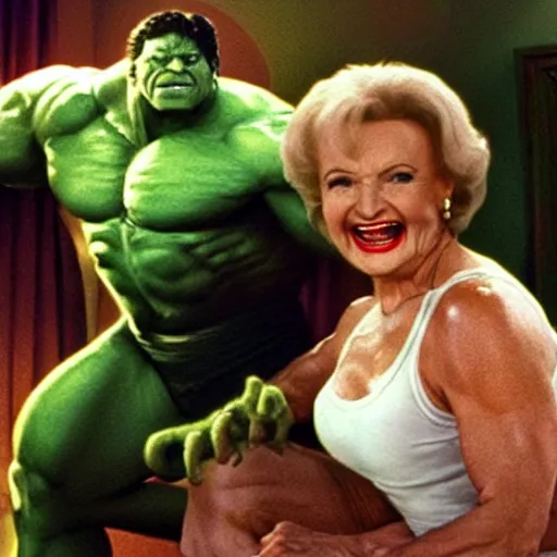 Image similar to buff betty white as the incredible hulk with huge muscles