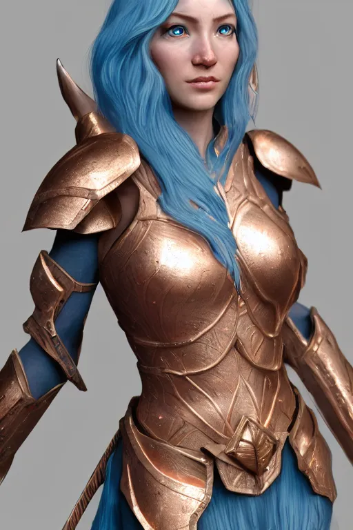 Image similar to a beautiful and highly detailed digital portrait of a dignified female elven paladin with blue hair in rose gold armor by clint cearley, centered, artsation contest winner, artstation hd, cgsociety, fantasy art, cryengine, concept art, photorealism, daz 3 d, sketchfab, zbrush, vray