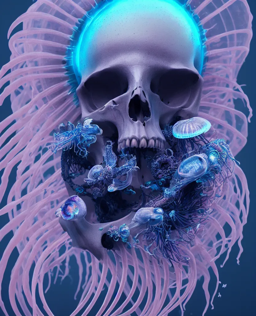 Image similar to goddess close-up portrait animal skull. jellyfish phoenix head, nautilus, orchid, skull, betta fish, bioluminiscent creatures, intricate artwork by Tooth Wu and wlop and beeple. octane render, trending on artstation, greg rutkowski very coherent symmetrical artwork. cinematic, hyper realism, high detail, octane render, 8k