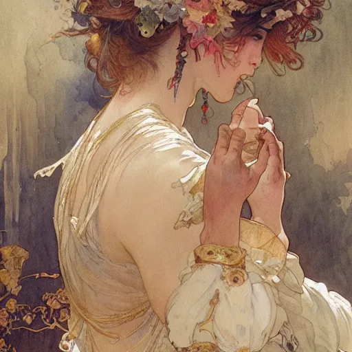 Image similar to a beautifull intricate watercolour painting of a dancing balerinas in ateliere, reflexions, verry high details by william turner art, greg rutkowski and alphonse mucha, trending on artstation, very very detailed, masterpiece,