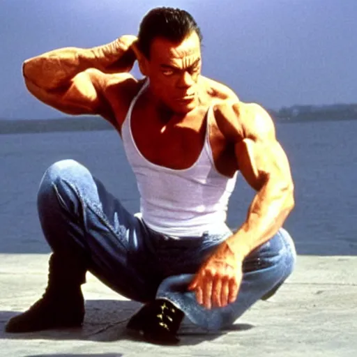 Image similar to jean-claude van Damme saluting by putting the tip of his foot against is head