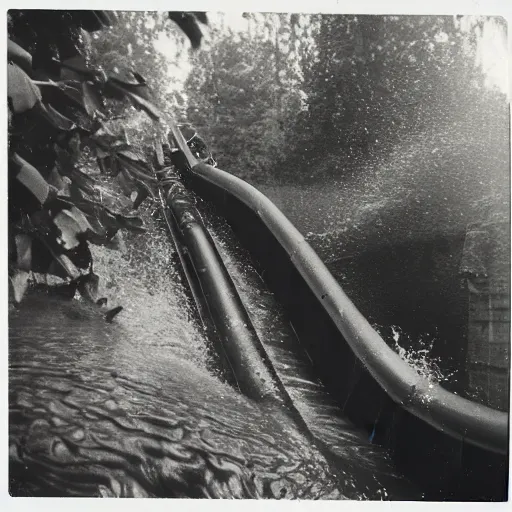 Image similar to 1 9 9 0 s vintage polaroid photograph of a log flume going down a slide making a big splash, during the day, crowd of people getting splashed with water, weathered image artifacts