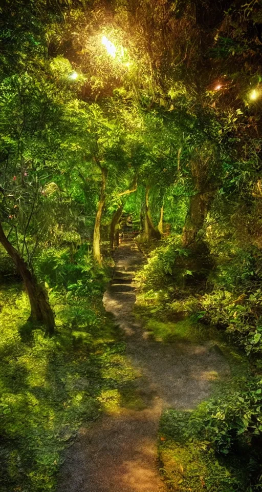 Prompt: a winding pathway through lothlorien, illuminated by an otherworldly glow