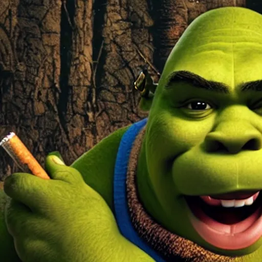 Prompt: shrek smoking crack out of a pipe