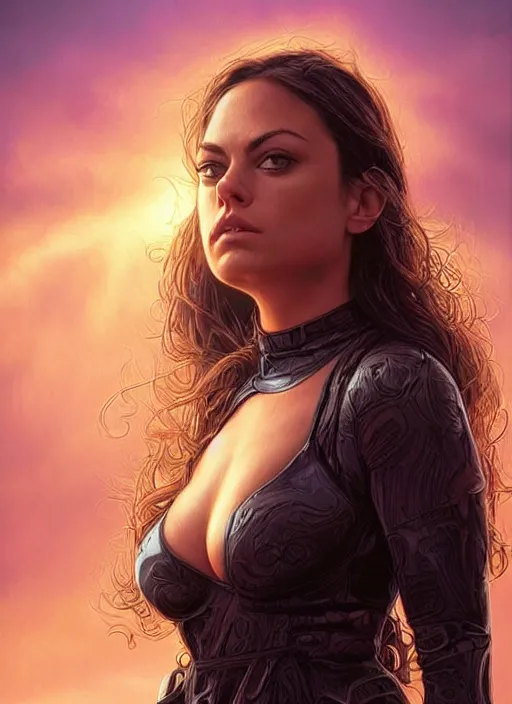 Image similar to Mila Kunis wearing black choker, epic portrait of a very strong muscled Amazon heroine, sun beams across sky, pink golden hour, stormy coast, intricate, elegance, highly detailed, shallow depth of field, epic vista, concept art, art by Artgerm and Donato Giancola, Joseph Christian Leyendecker