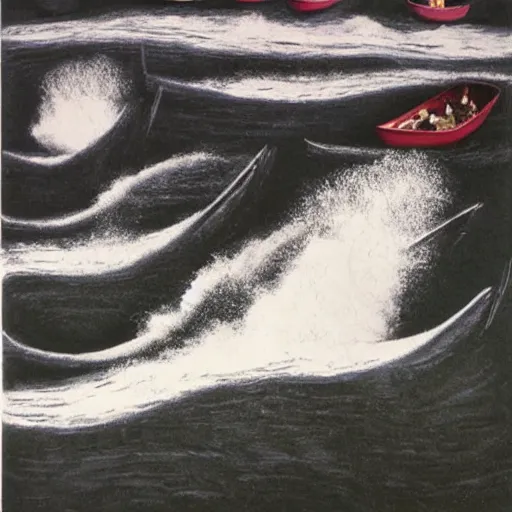 Image similar to the conceptual art depicts a huge wave about to crash down on three small boats. the boats are filled with people, and they all look terrified. craquelure, aaahh!!! real monsters by sean scully, by eleanor vere boyle opulent