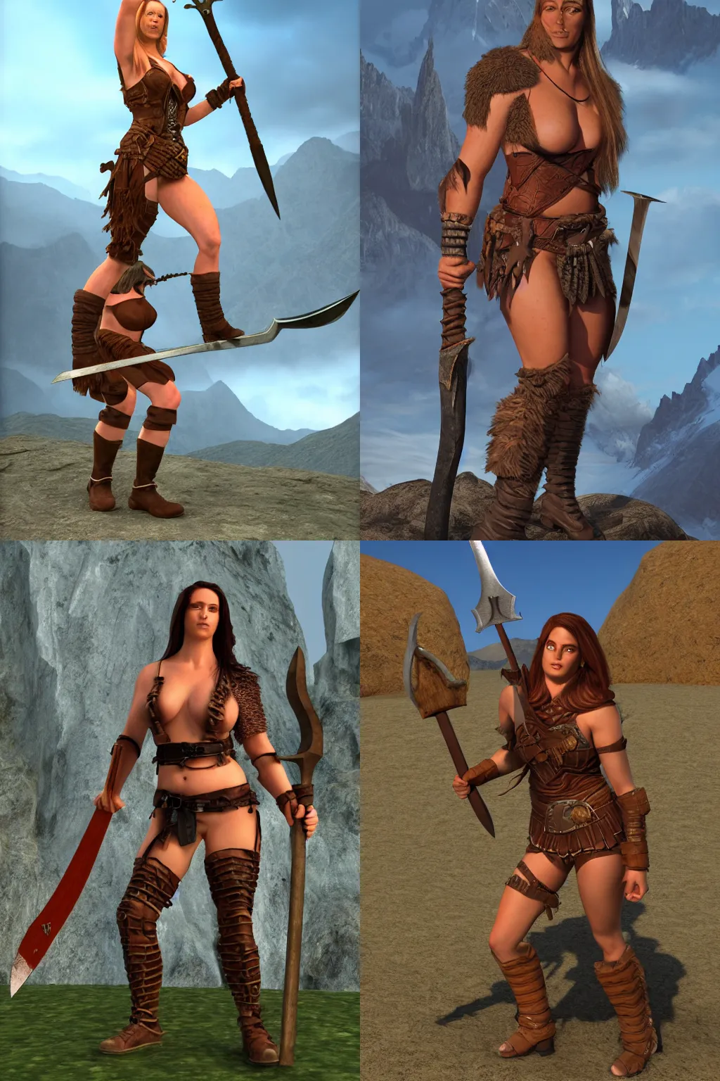 Prompt: barbarian woman wearing leather breastplate posing with great axe in the mountains | broad body strong robust | volumetric lighting | larry elmore |