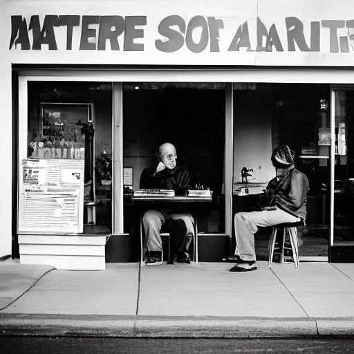 Image similar to candid portrait photograph of a man staring at a computer outside a restaurant, his friends are angry, taken by annie leibovitz,