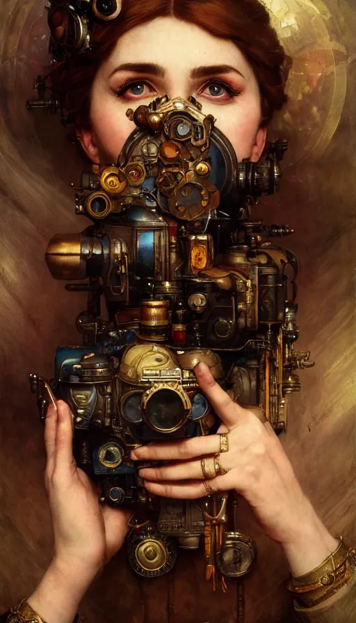 Image similar to hyper realistic photographer looking through camera, magical, steampunk, painted by norman rockwell, tom bagshaw, mucha, gaston bussiere, craig mullins, j. c. leyendecker 8 k