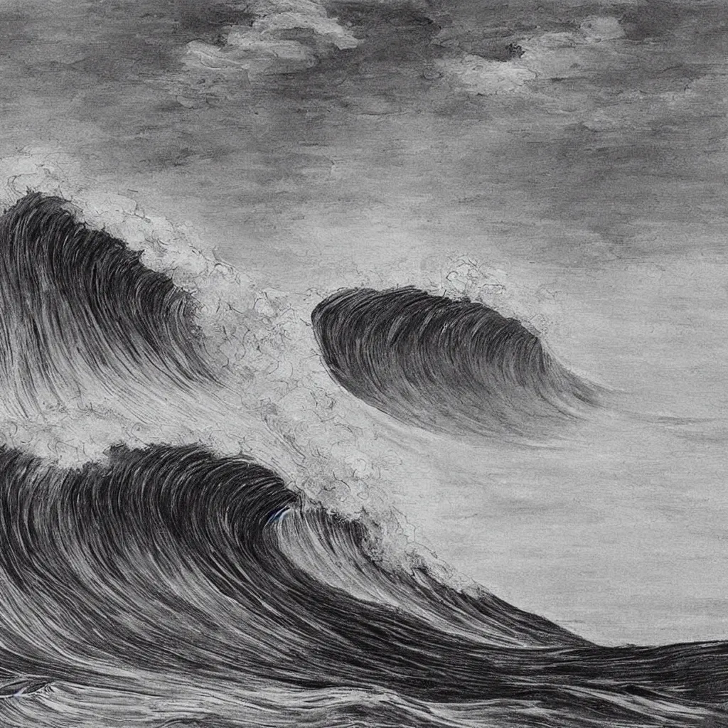 Image similar to an beautiful painting of one single hawaiian wave painted by albrecht durer, monochromatic color scheme, high detail, breathtaking wave, lineart, line art, soft colors, simplicity