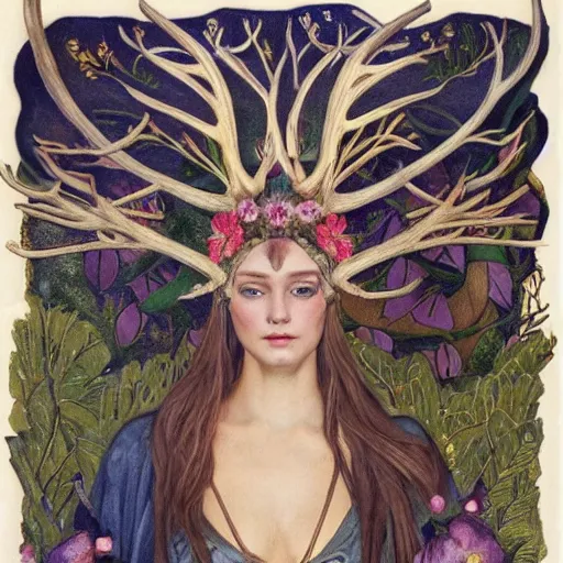 Prompt: queen of the forest wearing an antler crown, by Annie Swynnerton and Nicholas Roerich and (((Tino Rodriguez))), embroidered robes, floral tattoos, bioluminescent skin!, elaborate costume, geometric ornament, symbolist, soft colors, dramatic lighting, smooth, sharp focus, extremely detailed