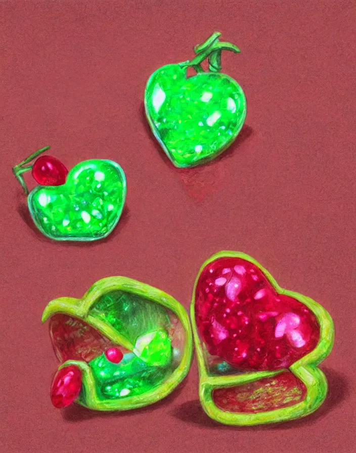 Prompt: transparent crystal gum gum fruit with a ruby shaped like a heart inside the devil fruit, spectacular quality, intricate oil pastel glow, dynamic lighting, photorealistic, ultra detailed, trending on art station
