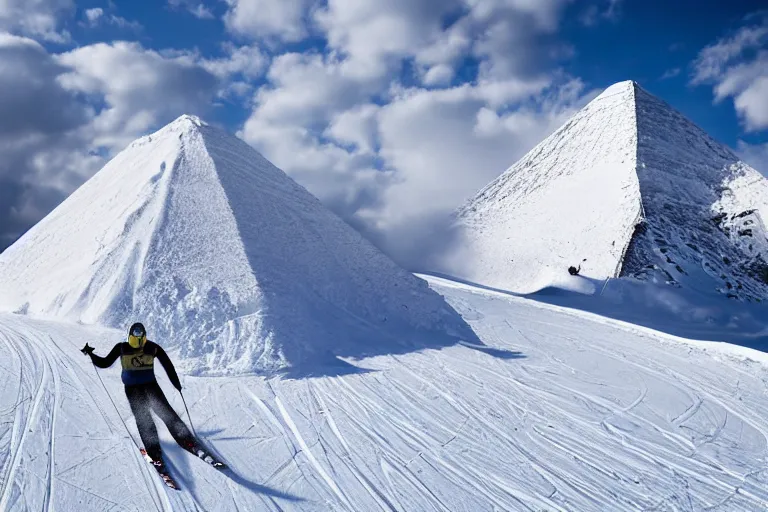 Image similar to A skier skiing down a snowy pyramid, dynamic sport shot, award winning photo, 8K