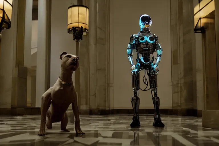 Image similar to cyborg - pitbull in a marble hotel lobby, in 2 0 5 5, y 2 k cybercore, industrial low - light photography, still from a ridley scott movie