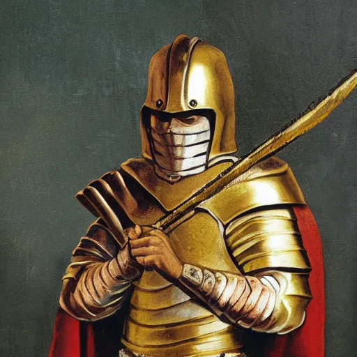 Prompt: man in 15 century decorated with gold crusader armor and cape with crusader insignia oil painting realistic