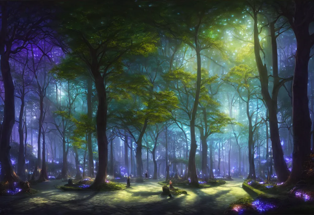 Image similar to Lothlorien at night, very dark with green lights, blue lights and purple lights, elven forest town with houses up in the trees, oil painting, dramatic lighting, Jakub Kasper, Makoto Shinkai, hyperrealistic, cinematic, elegant, intricate