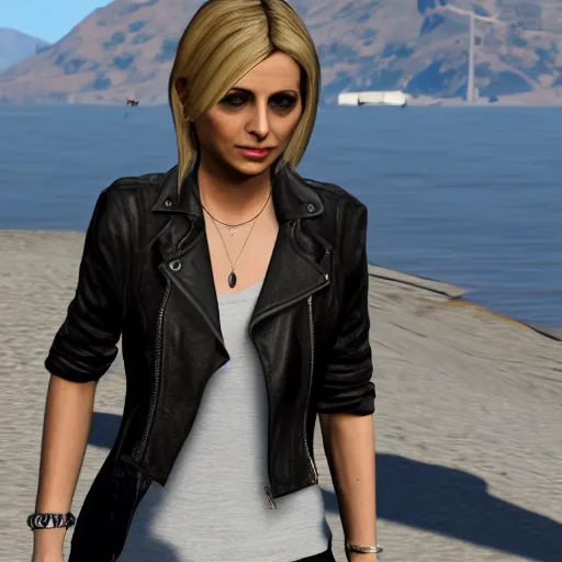 Prompt: Sarah Michelle Gellar wearing a black leather jacket and a silver cross around her neck in GTA 5