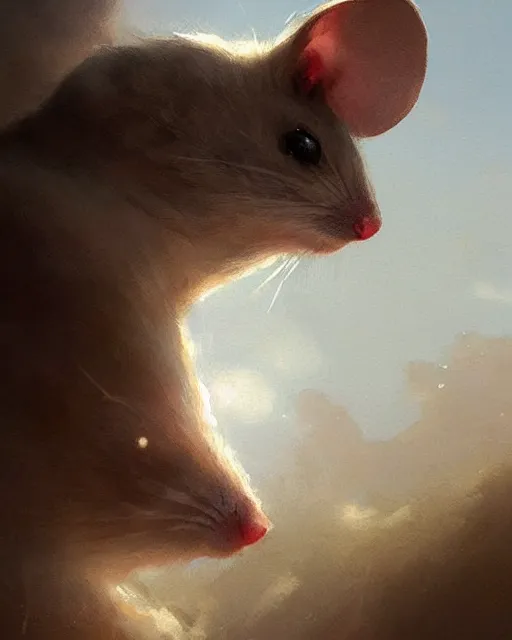 Prompt: a small mouse looking upwards, viewed from behind, digital portrait by greg rutkowski, fantasy art, concept art, by disney concept artists, cinematic lighting, evening light, trending on artstation, cgsociety