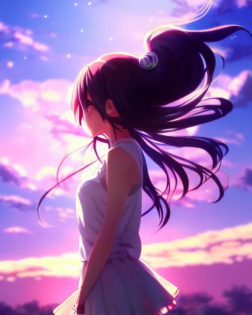 Image similar to anime style, vivid, expressive, full body, 4 k, painting, a cute magical girl with a long wavy black hair, side shot, stunning, realistic light and shadow effects, centered, simple background, studio ghibly makoto shinkai yuji yamaguchi