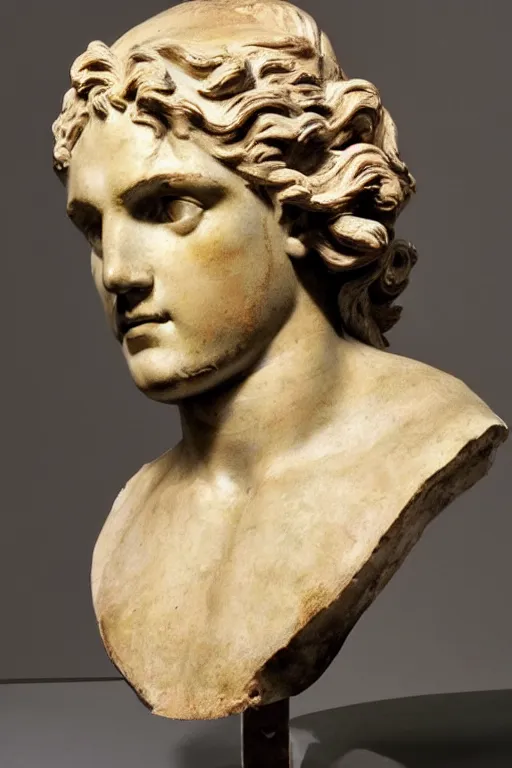 Prompt: a beautiful sculpture of a greek bust of apollon by jean - baptiste carpeaux and christophe charbonnel, rust and plaster materials