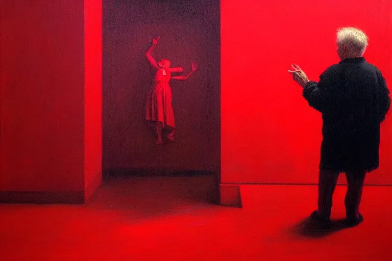 Image similar to only with red, a red old man try to sell a portrait, cheering crowd, in the style of beksinski, parts by edward hopper, parts by rodcenko, parts by yue minjun, intricate and epic composition, red by caravaggio, insanely quality, highly detailed, masterpiece, red light, artstation, 4 k