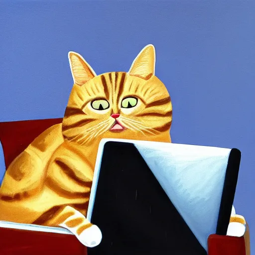 Image similar to painting of a cat in a business suit, sitting in a chair and using a laptop