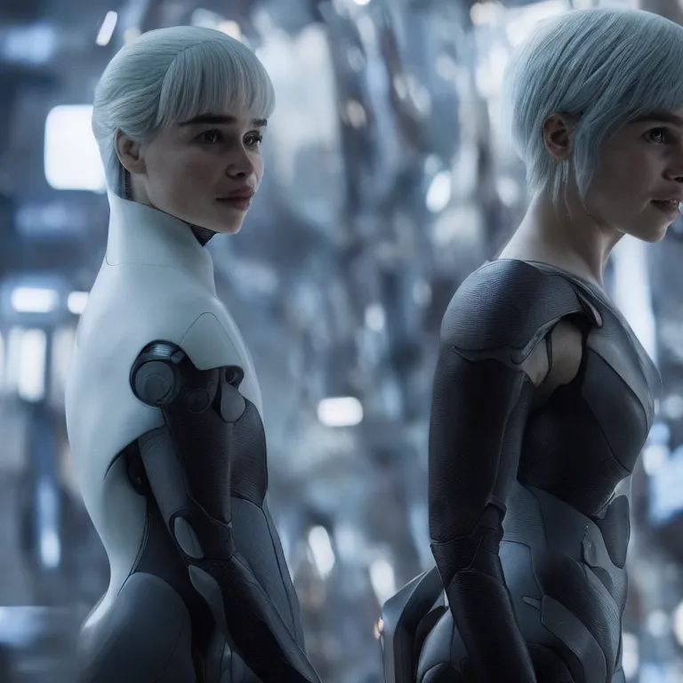 Image similar to scifi emilia clarke looks like ghost in the shell, extremely high detail, smiling woman, cyborg, photorealism, emilia clarke, sony a 7 r