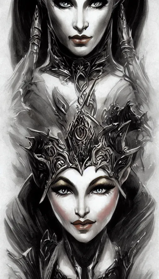 Image similar to elven queen character portrait by frank frazetta, fantasy, dungeons & dragons, sharp focus, beautiful, artstation contest winner, detailed