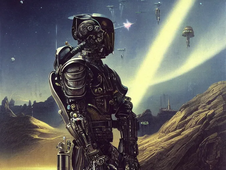 Image similar to a detailed profile painting of a bounty hunter in armour and visor, cinematic sci-fi poster. Spaceship high in the background. Flight suit, anatomy portrait symmetrical and science fiction theme with lightning, aurora lighting clouds and stars. Clean and minimal design by beksinski carl spitzweg and tuomas korpi. baroque elements. baroque element. intricate artwork by caravaggio. Oil painting. Trending on artstation. 8k