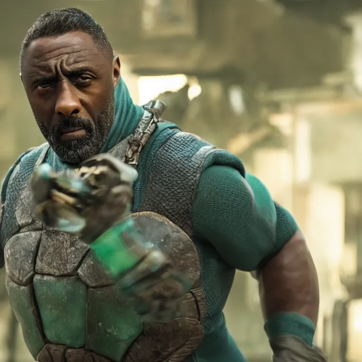 Image similar to film still of Idris Elba as a Ninja Turtle in new film, photorealistic 4k