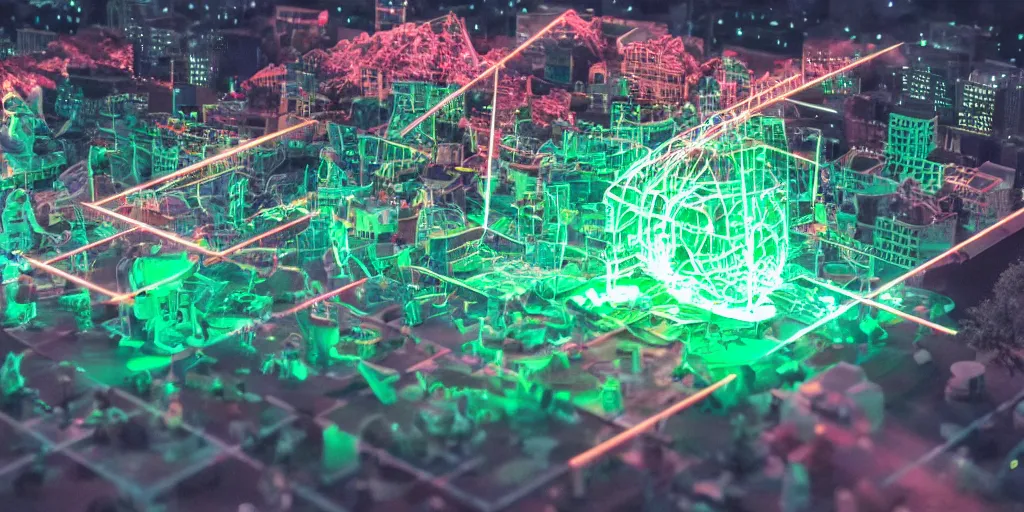 Prompt: tilt shift, sculptures, lasers, glowing people, skin, hair, ultra detailed